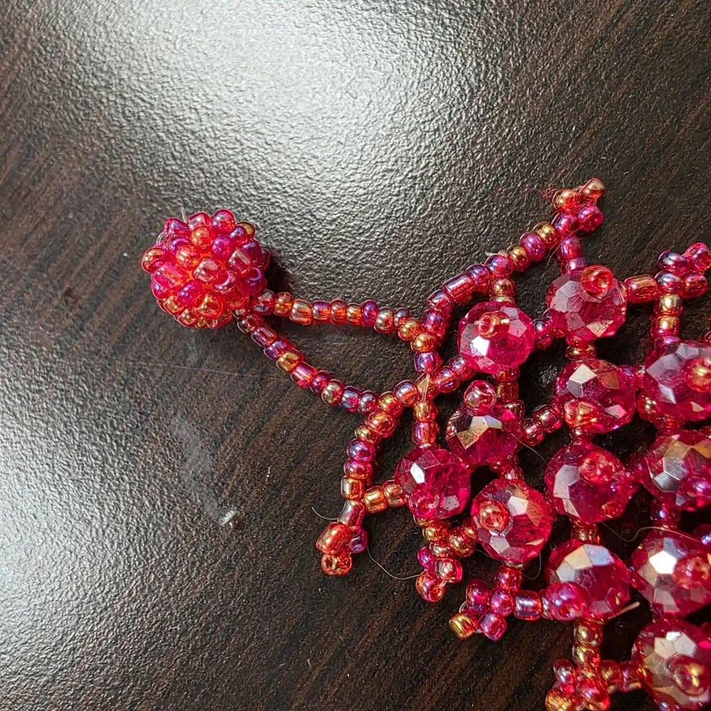 Handmade Magenta Red Beaded Cuff Bracelet Faceted Glass Seed Bead Statement 7.5